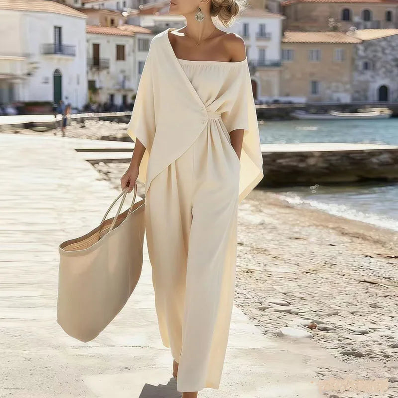 Elegant New Off Shoulder Hollow Jumpsuits Woman Batwing Sleeve Wrap Tie Waist Romper LADYLYS