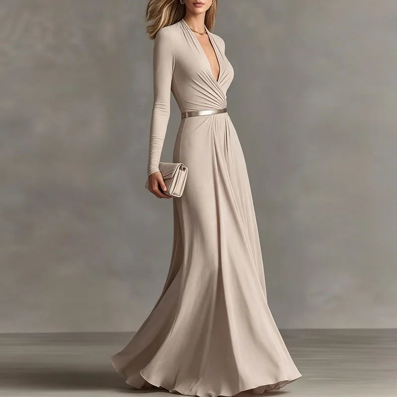 Women's Elegant Deep V-Neck Maxi Dress with Long Sleeves and Ruched Tie Waist