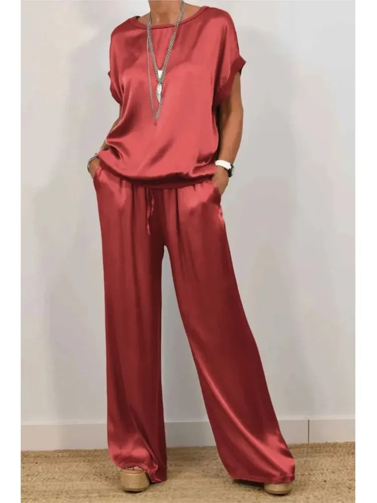 2-piece Set Fashion Satin O Neck T-shirt Top Trousers Summer Retro Elegant LADYLYS