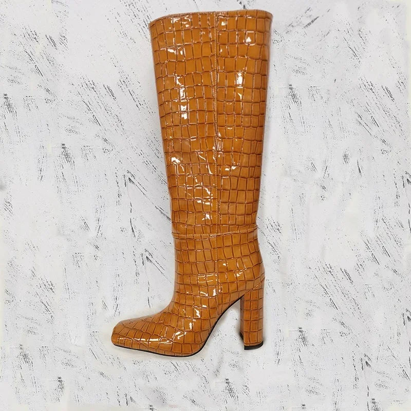 Women's Patent Leather Knee-High Boots – Thick Square Heel Slip-On Winter Boots in 21 Colours