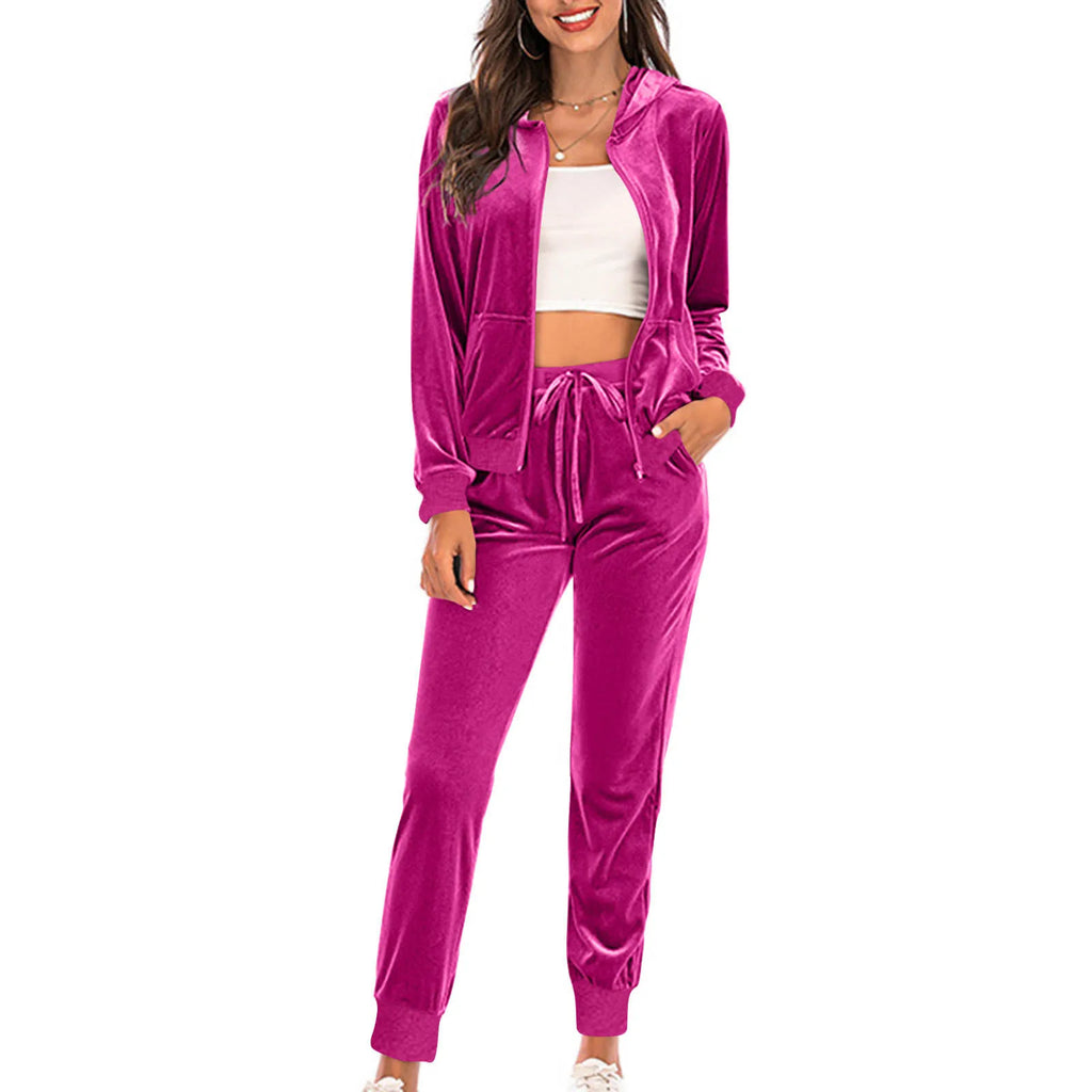 Women's Velvet Tracksuit 2-Piece Set – Full-Zip Hoodie & Jogger Sweatpants with Pockets