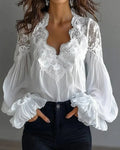 Blouse Solid Elegant Sexy V-neck Lace Splicing Lantern