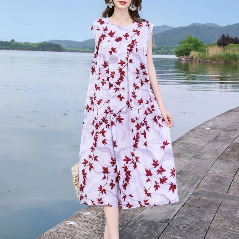 Casual Female Elegant  Print Knee-length 0-neck Floral Dress LADYLYS