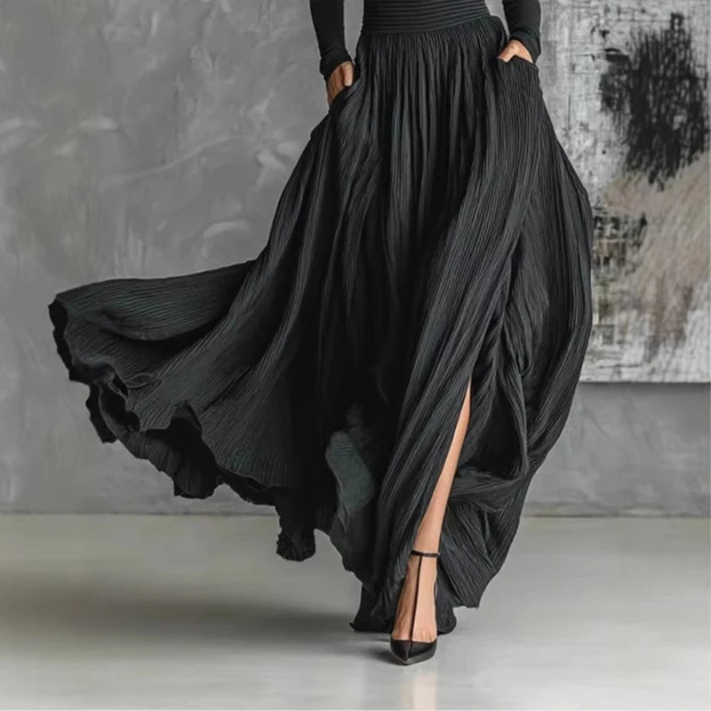 Women's French Elegant Two-Piece Skirt Set – Pleated A-Line, Bow Neck, Pockets, Split Hem