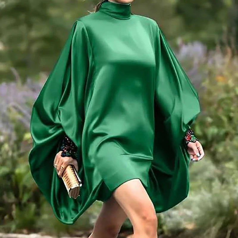 Batwing Sleeve Mini Dress – Turtleneck Loose Fit Patchwork | Casual Holiday & Party