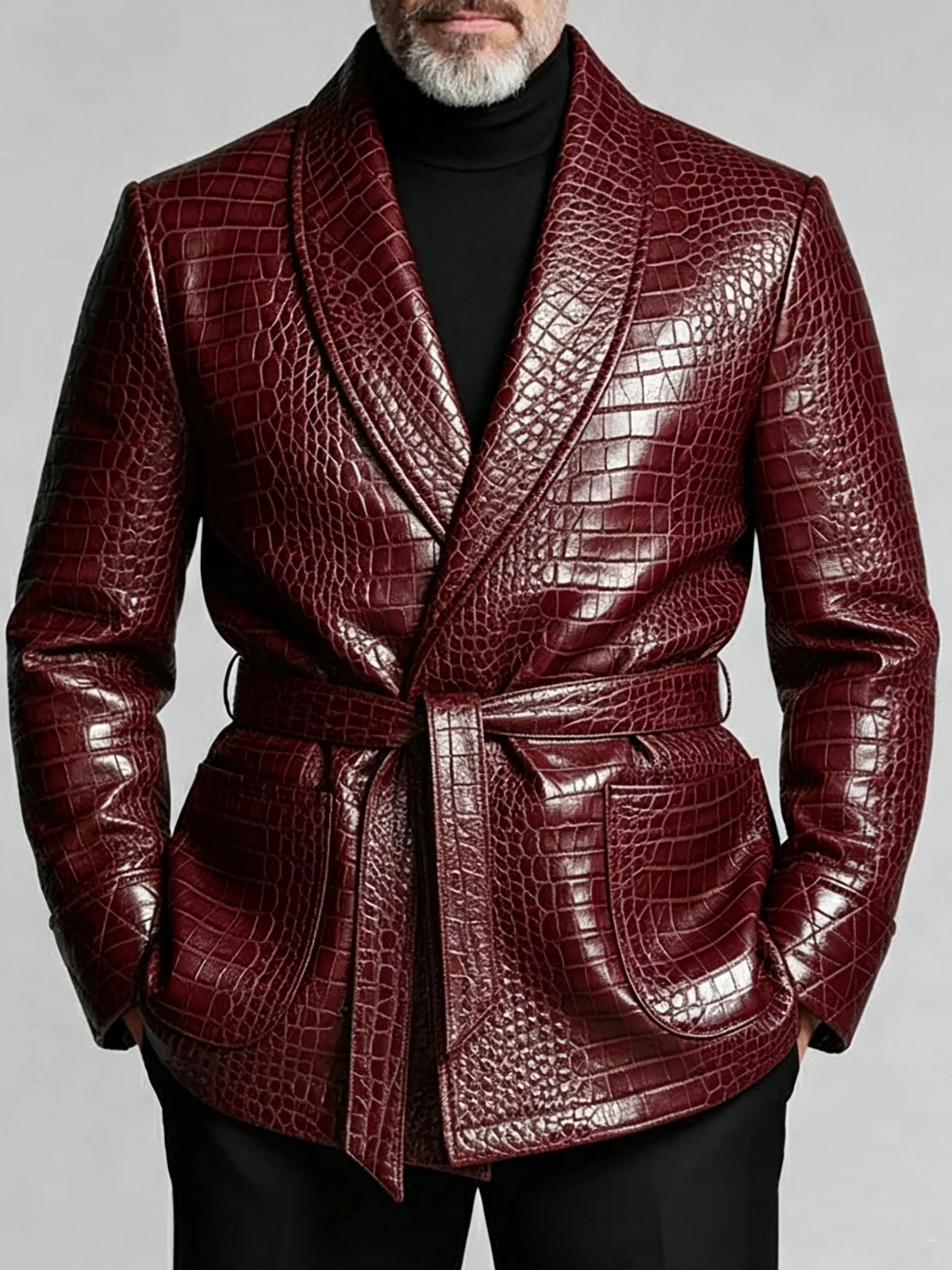 Men's Crocodile-Embossed PU Leather Blazer – Shawl Lapel, Belted, Slim Fit