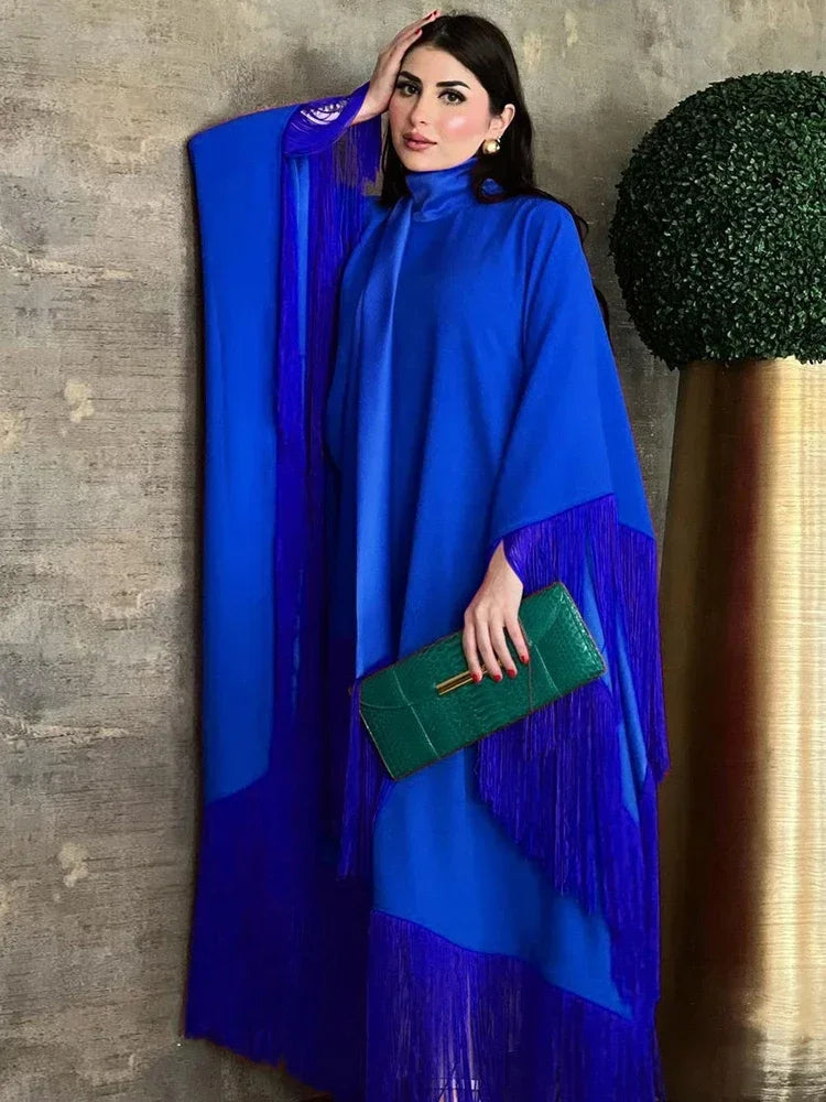 Women's Elegant Tassel Abaya Kaftan – Loose Long Evening Dress | Eid, Ramadan & Party Occasion