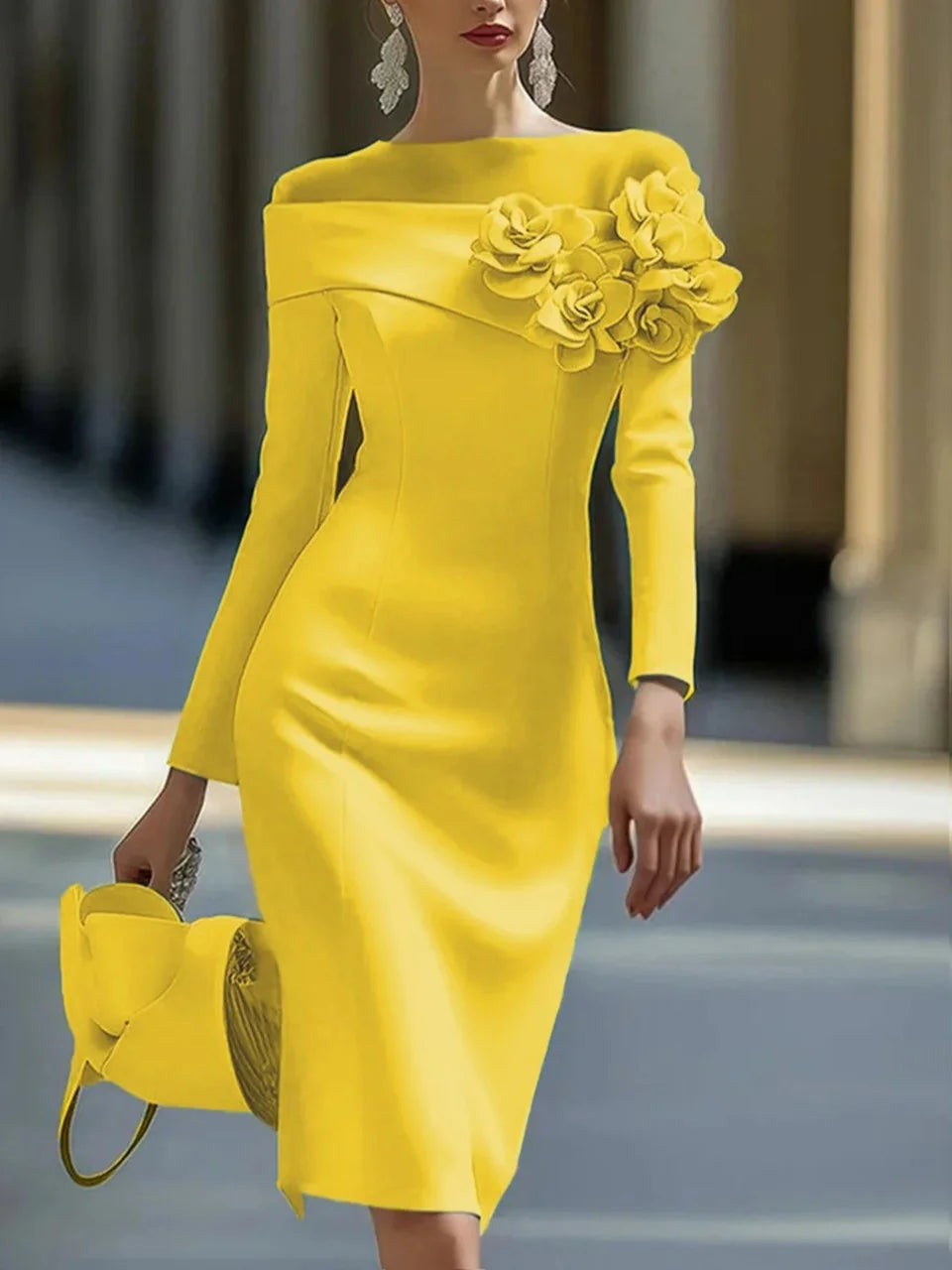 Women's 3D Floral Bodycon Knee Dress – Long Sleeve Formal Evening Dress