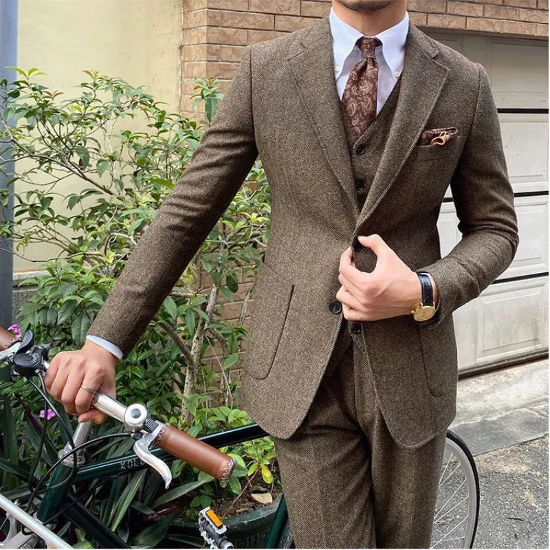Men's Slim-Fit Herringbone Three-Piece Suit