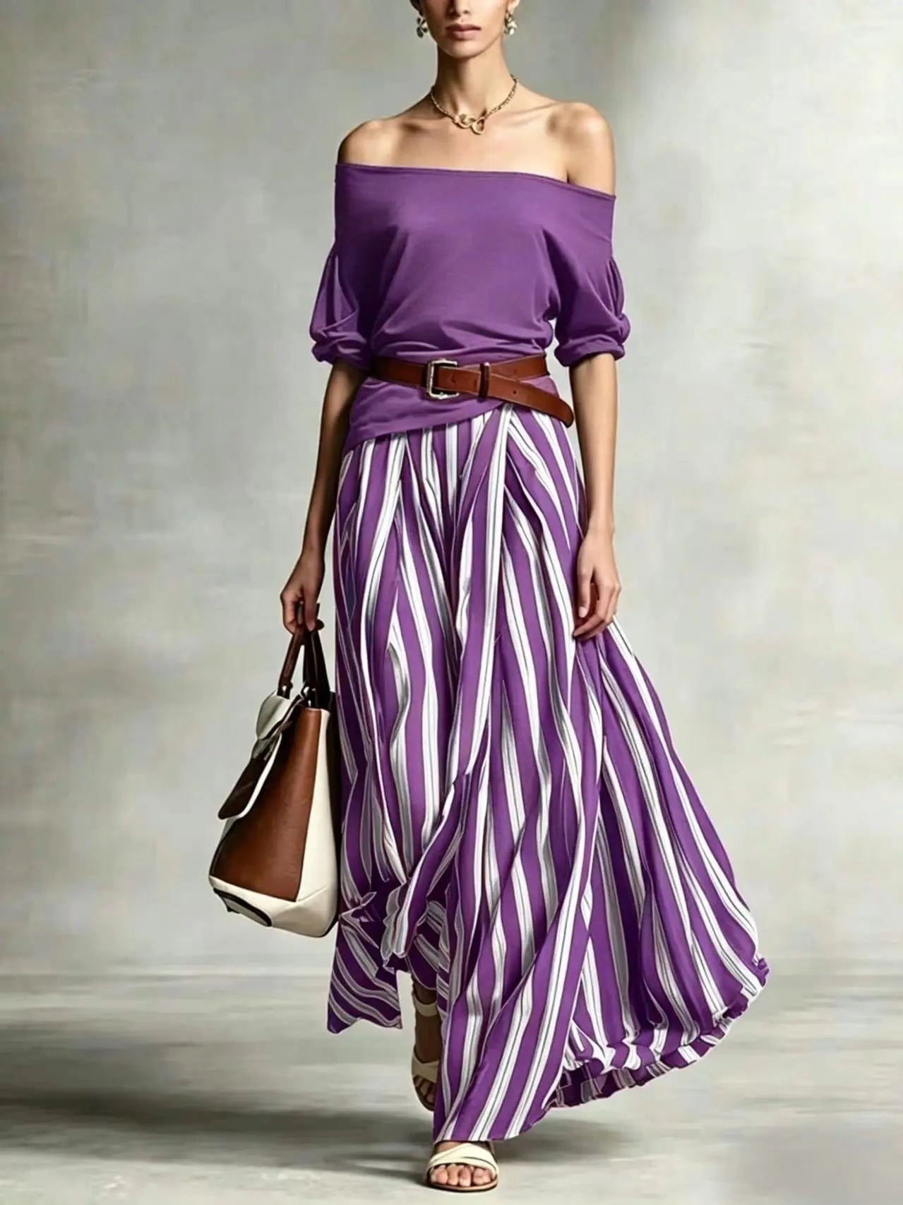 Women's 2-Piece Boho Set – Off-Shoulder Puff Sleeve Top & Vertical Stripe Flowy Maxi Skirt | Casual Vacation Outfit