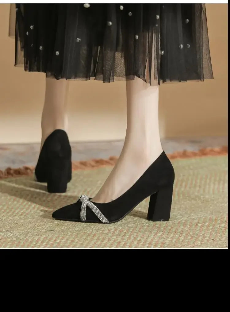 Chunky Heel Pointed Toe Rhinestone Suede High-heeled Shoes Women Block Heel Pumps LADYLYS