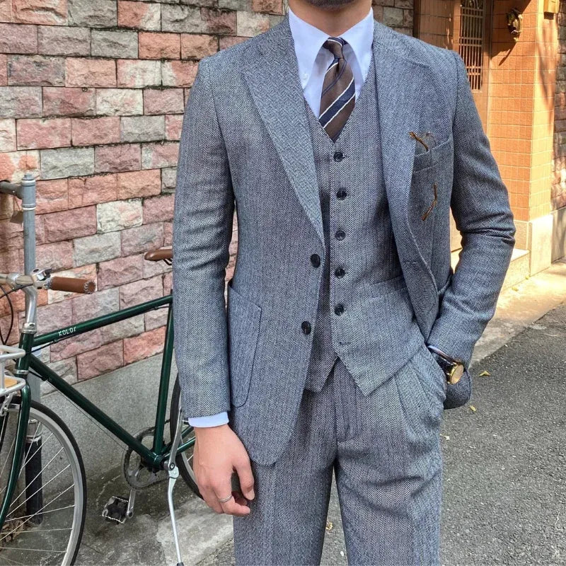 Men's Slim-Fit Herringbone Three-Piece Suit