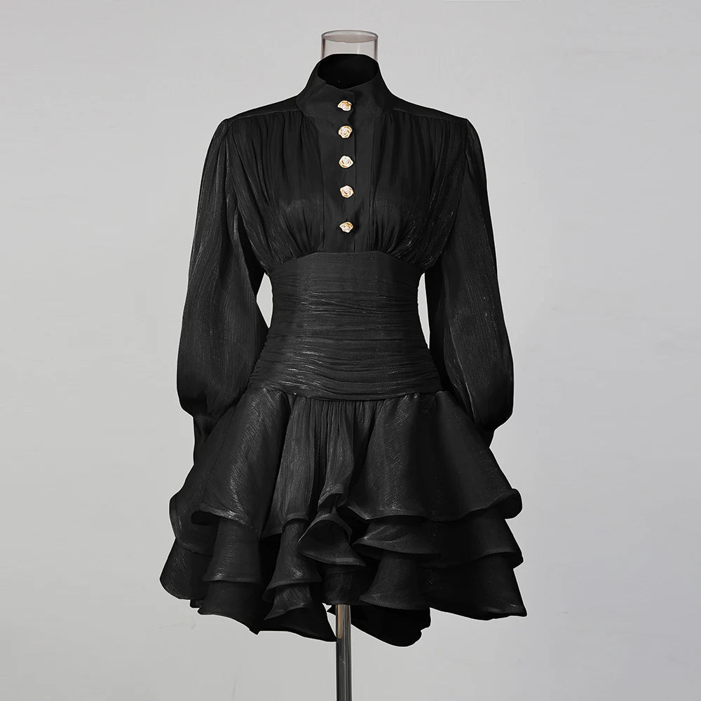 Solid Spliced Ruffles Dress Female Stand Collar Long Sleeve Loose French Elegant LADYLYS