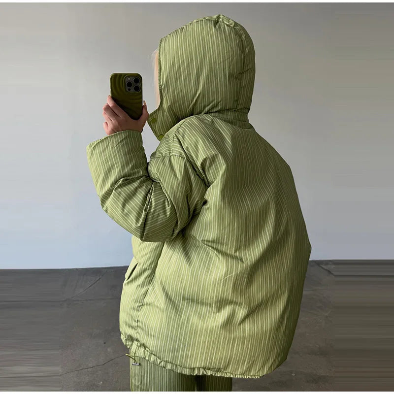 Women's Striped 2-Piece Set – Zip-Up Hooded Puffer Coat & Wide-Leg Jogger Pants | Warm Winter Suit