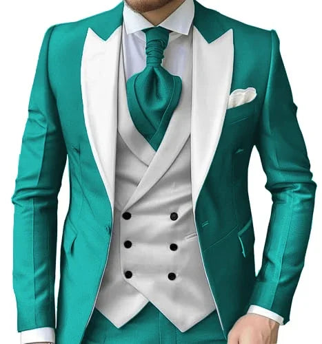 Men's Slim-Fit Three-Piece Suit with Peak Lapels