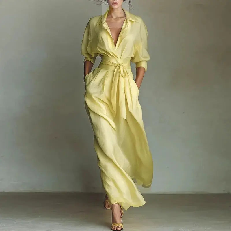 Bohemian Elegant Lace-up Turn-down Collar Hollow Spring 3/4 Sleeve Pocket Maxi Dress LADYLYS