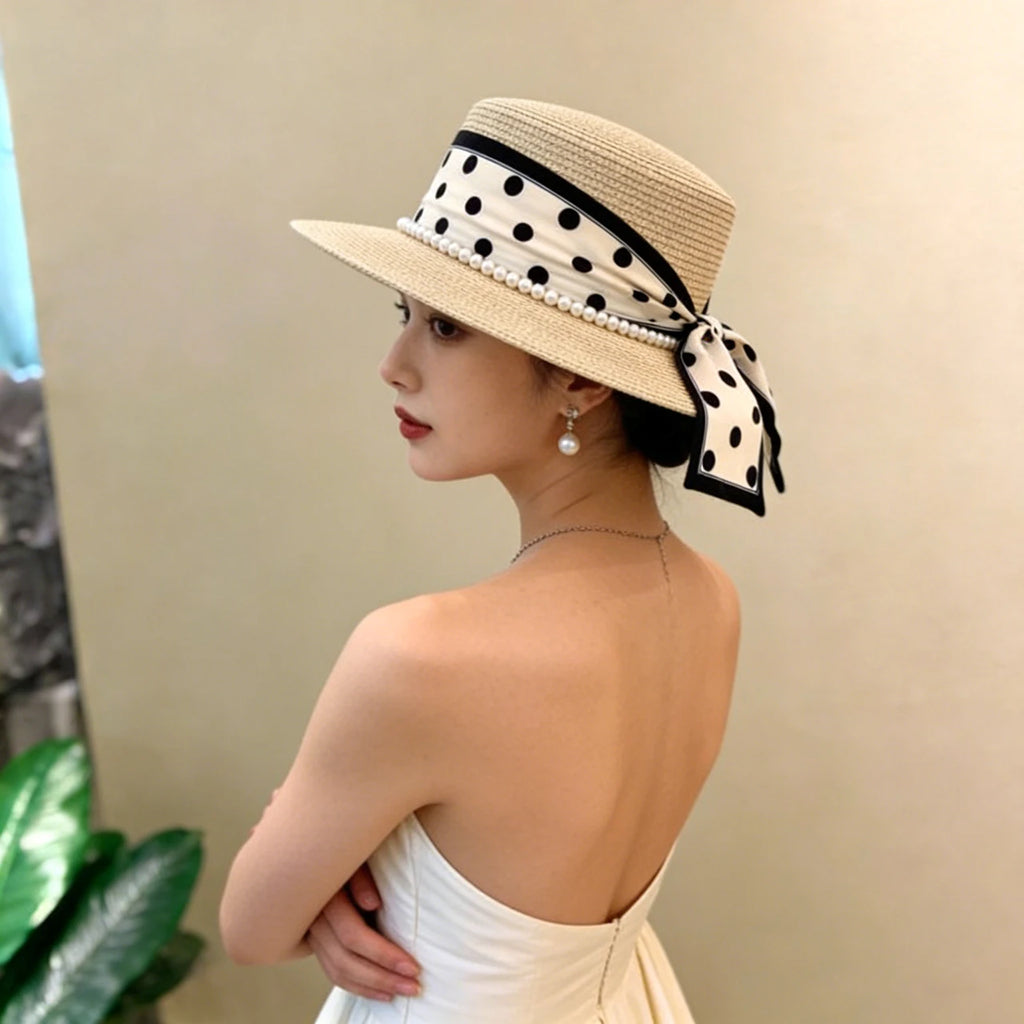 Women’s Wide Brim Straw Sun Hat – Pearl & Dot Ribbon Elegant Beach Cap