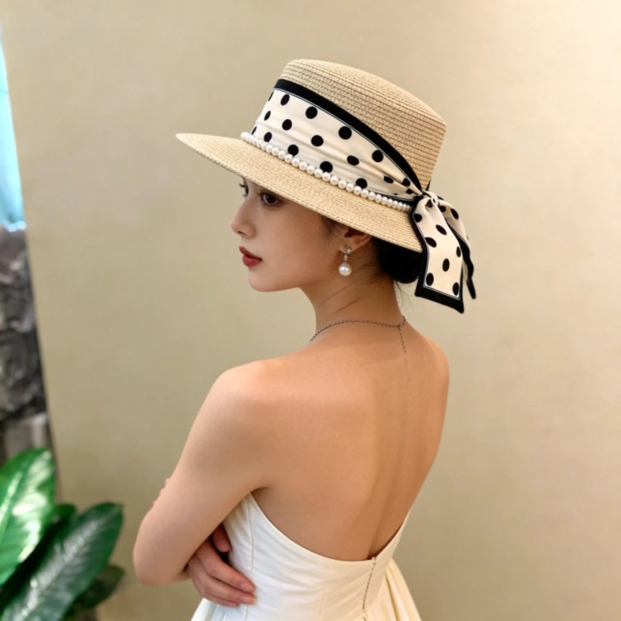 Women’s Wide Brim Straw Sun Hat – Pearl & Dot Ribbon Elegant Beach Cap