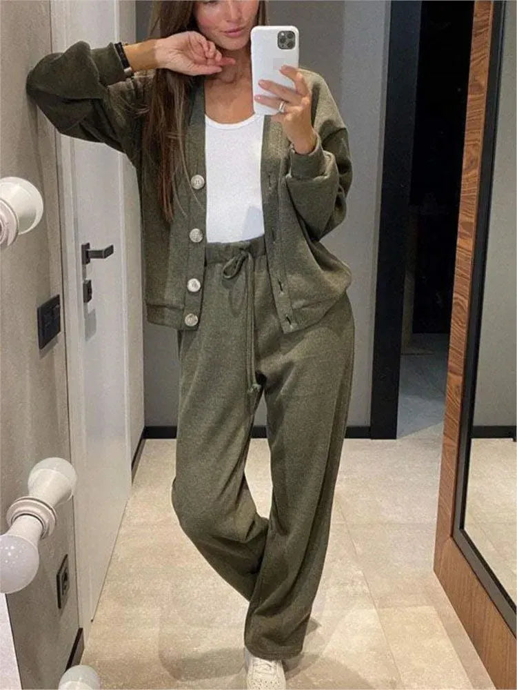 Women's Button-Front Cardigan & Tie-Waist Trousers Set