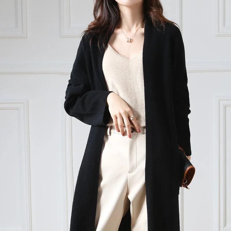 Women's Long Wool V-Neck Cardigan, Loose Fit