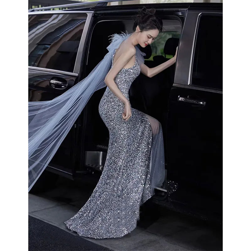 High-End Sequin Fishtail Dress – Beaded Sheath Gown for Wedding Guests & Special Occasions