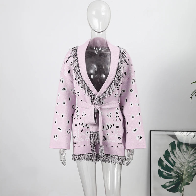 Women's Jacquard Knit Wrap Cardigan with Belt and Fringe Trim