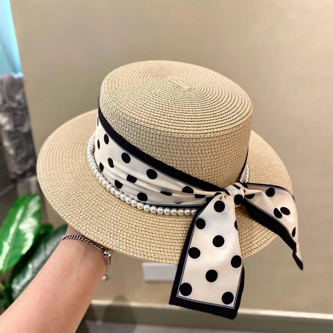 Women’s Wide Brim Straw Sun Hat – Pearl & Dot Ribbon Elegant Beach Cap