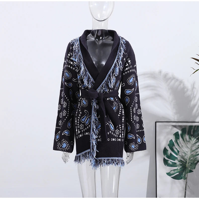 Women's Jacquard Knit Wrap Cardigan with Belt and Fringe Trim