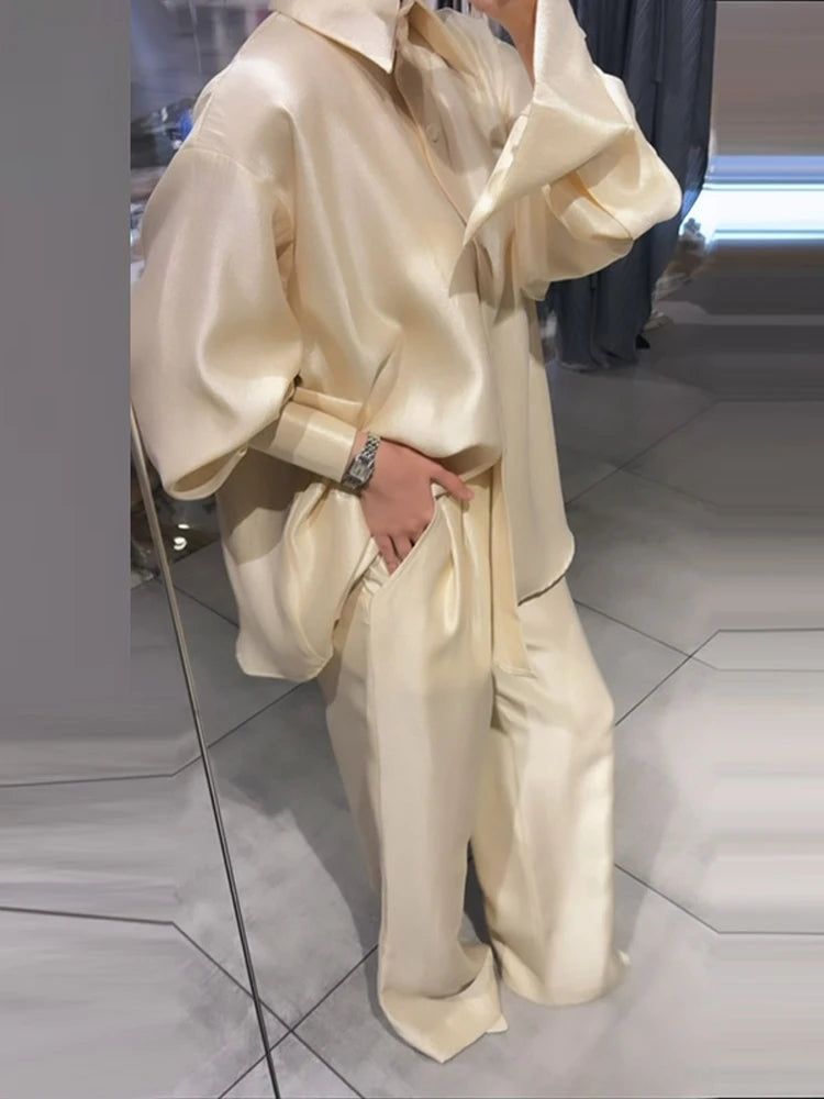 Women's 2-Piece Satin Set – Oversized Lapel Blouse & High-Waist Wide-Leg Trousers | Chic Street Style