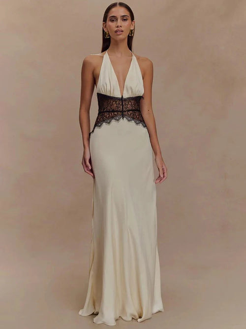 Backless Sexy Maxi Dress Gown Patchwork Lace Halter Deep V Neck LADYLYS