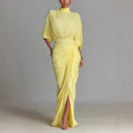 Evening Dress High Neck Fashion Yellow Pleated High Waist Slim Lantern Sleeve Elegant LADYLYS