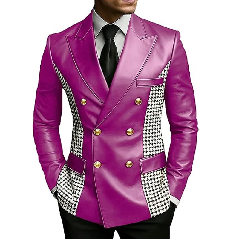 Leather Blazer With Houndstooth Sides Vintage Two-Tone Double Breasted LADYLYS