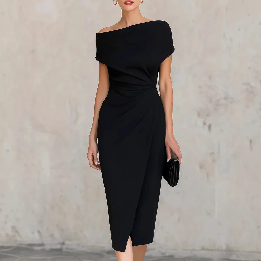 Asymmetrical Off-Shoulder Draped Midi Dress – Ruched Waist Split Pencil Dress