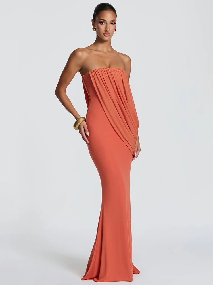 Mesh Backless Off-Shoulder Maxi Dress – Ruched High Waist Slim Evening Gown
