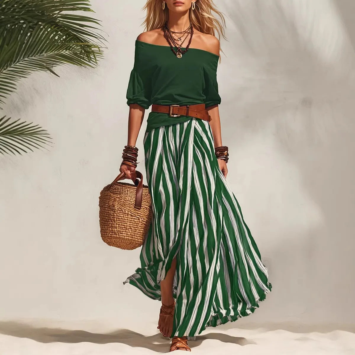 Women's 2-Piece Boho Set – Off-Shoulder Puff Sleeve Top & Vertical Stripe Flowy Maxi Skirt | Casual Vacation Outfit