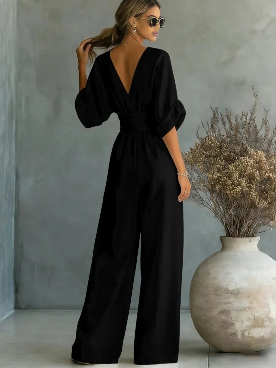 Jumpsuit Fashion High Waist V-neck Casual Sexy  Solid Color LADYLYS