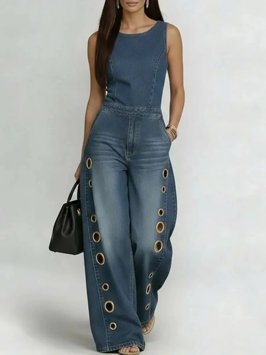 New Spring/Summer Fashion Casual Sleeveless O-neck Hollow Out Pockets Solid Color Slim Fit Ankle-Length Demin Jumpsuits,3 Colors LADYLYS