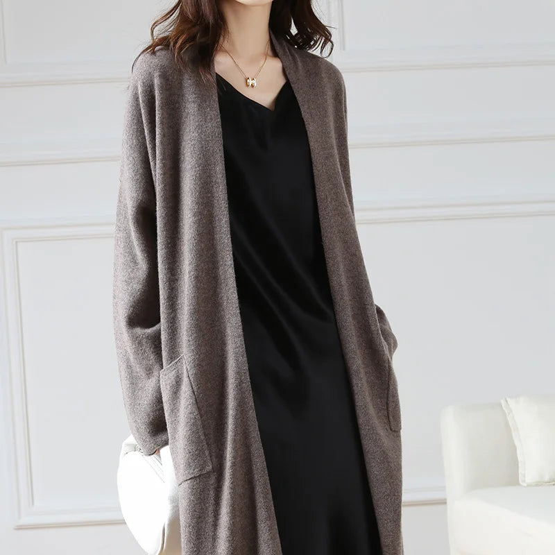 Women's Long Wool V-Neck Cardigan, Loose Fit