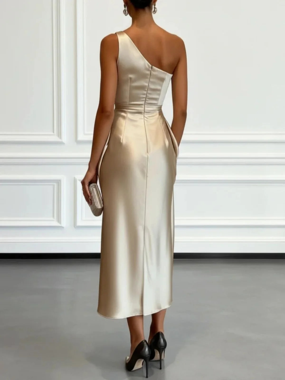 One Shoulder Satin Midi Dress With Ruched Waist Elegant LADYLYS