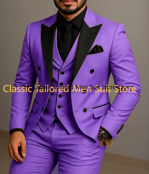 Beige Double Breasted Black Lapel  Slim Fit Wedding Suit LADYLYS