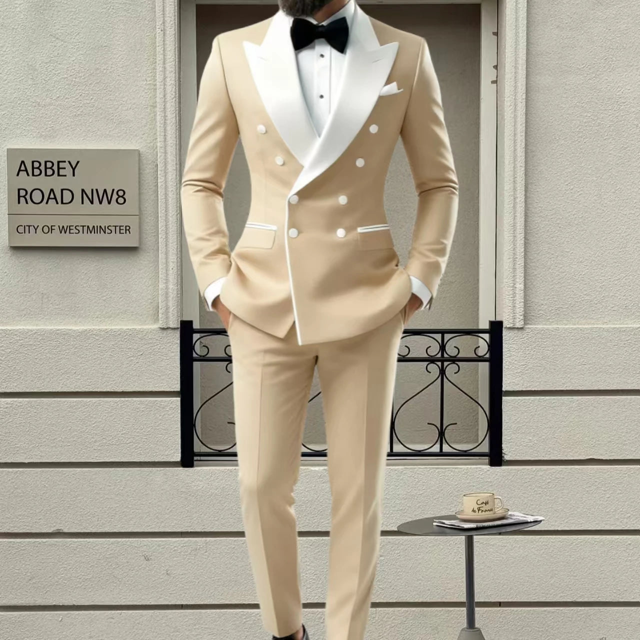 Men's 2-Piece Casual Smoking Set White Lapel Blazer Pants LADYLYS