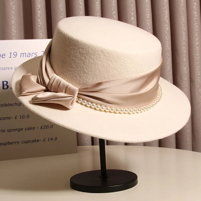 French Light Luxury Pearl Bow  Felt Flat Top Formal Hat Elegant LADYLYS