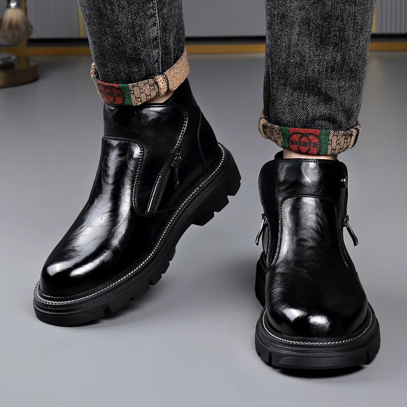 Men's Genuine Leather Zip-Up Ankle Boots – British Retro High-Top Non-Slip Booties