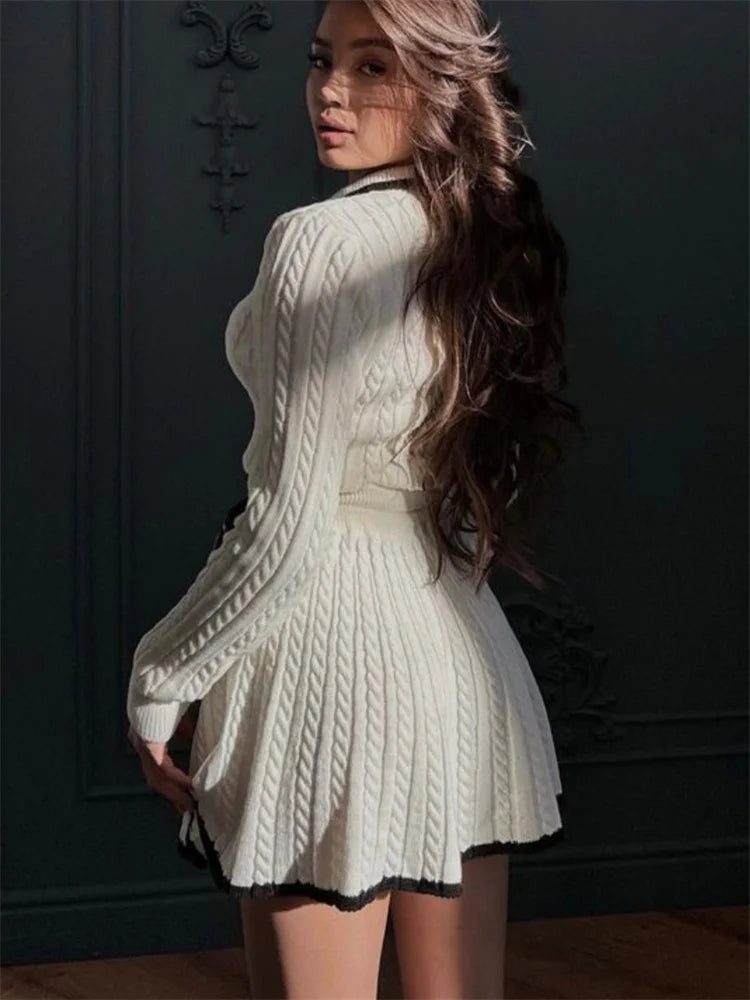 Patchwork Contrast 2-Piece Skirt Set – Long Sleeve Top & High Waist Mini Skirt