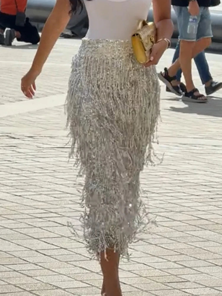 Fashion High Street Split Long Skirts Sparkling Tassel Spring Summer Women's Skirts Elegant Temperament Banquet Wrap Hip Skirt LADYLYS
