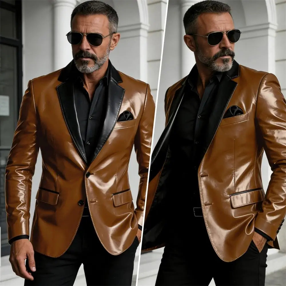 Men's Slim-Fit Two-Button Blazer with Leather Finish