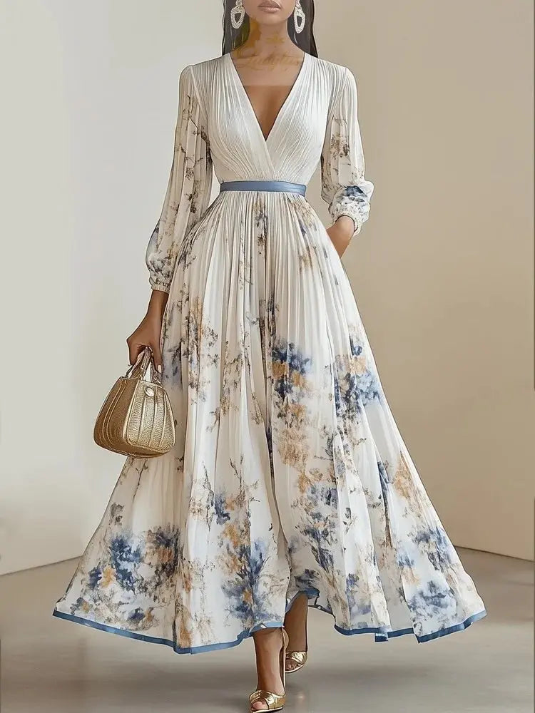 Pleated Dress New Spring Autumn Florat Printed Deep V-neck Long-sleeved Fashion Maxi Elegant LADYLYS