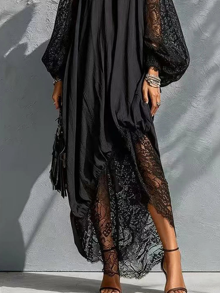 Women's Black Lace Maxi Dress with Mock Neck and Long Sleeves
