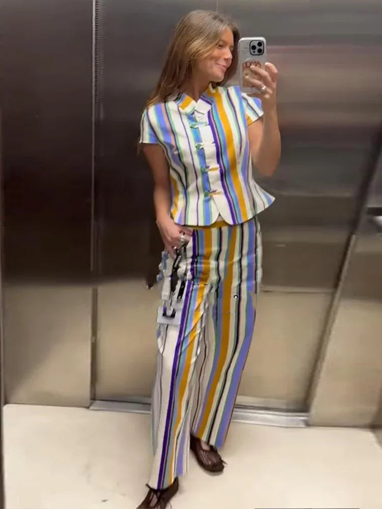 Casual Striped Shirt Trouser Suits Women Short Sleeve V-Neck Button Top LADYLYS