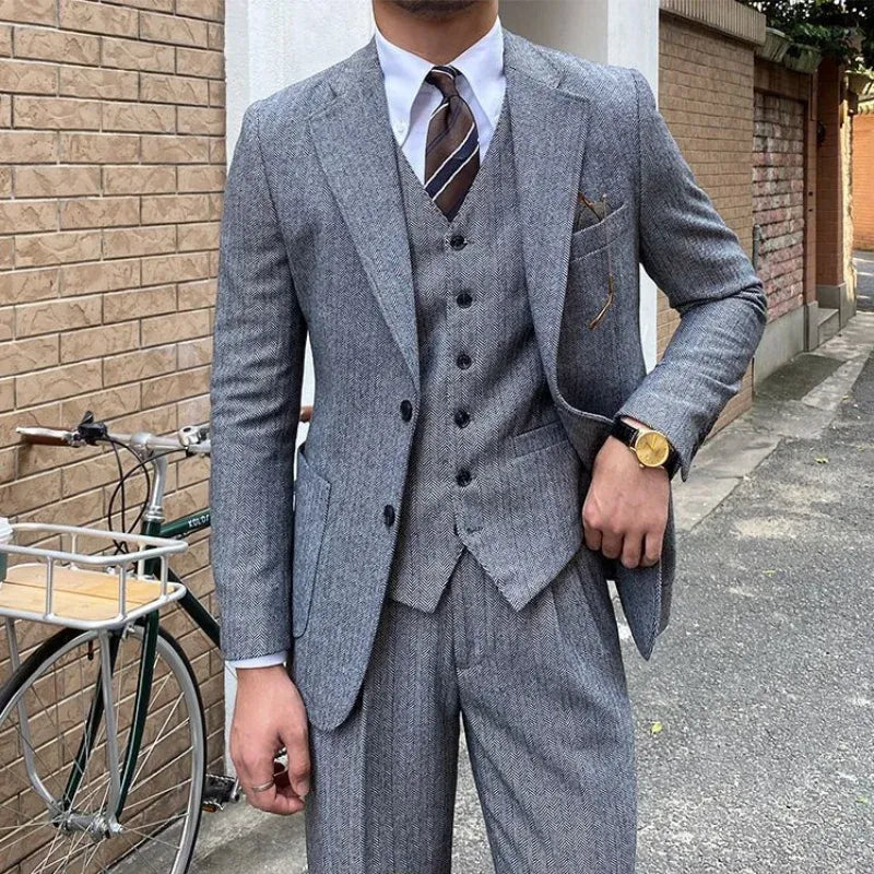 Men's Slim-Fit Herringbone Three-Piece Suit
